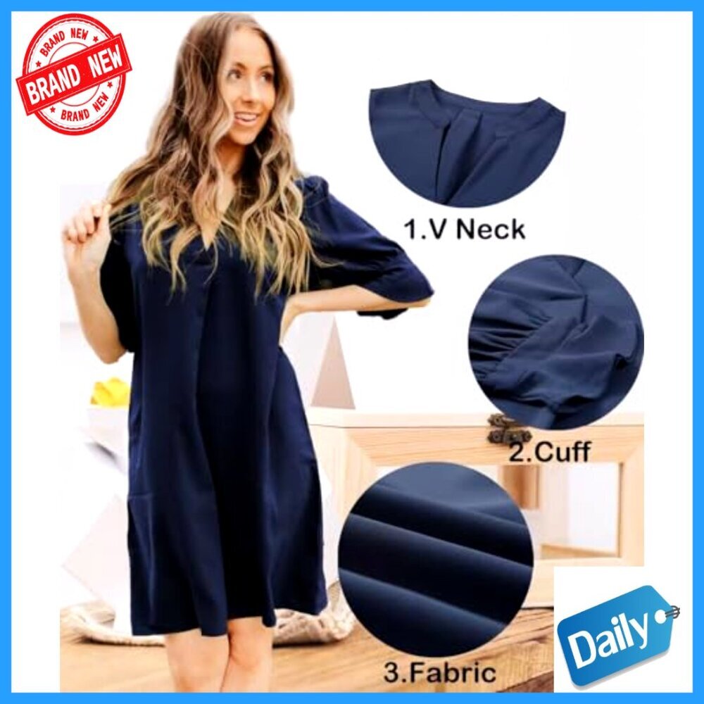 Knee-Length V-Neck Shift Dress with Ruffle Sleeves, Polyester Casual Summer Wear - Picture 6 of 7